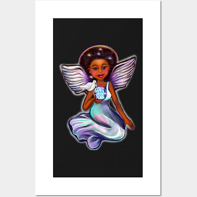 Angel with dove love joy and peace iii - Black angel of peace ! With glow, Afro hair, green eyes, Cherry pink lips and dark brown skin. Hair love ! Wall Art by Artonmytee